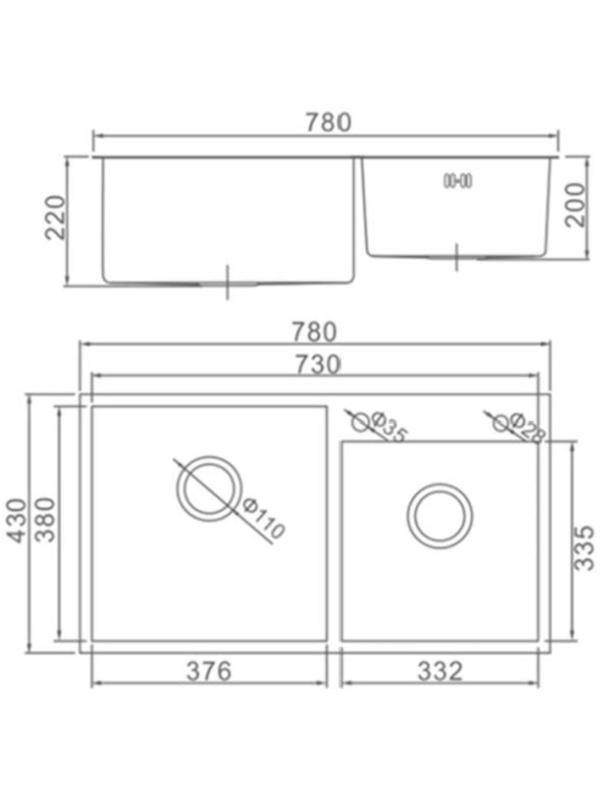 Мойка кухонная AFLORN AF97843B-D, врезная, двойная, S=3,0 и 0,8мм, 78х43х22см, сифон, графит