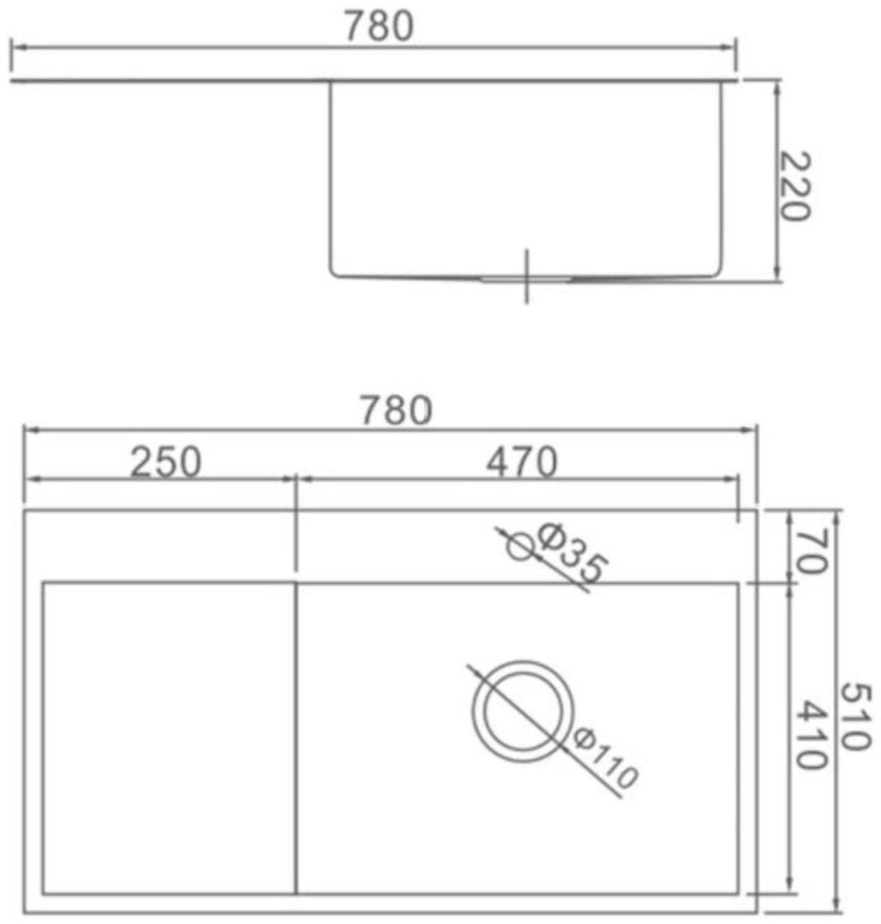 Мойка кухонная AFLORN AF97851-R, врезная, правая, S=3,0 и 0,8 мм, 78х51х22 см, сифон, сатин