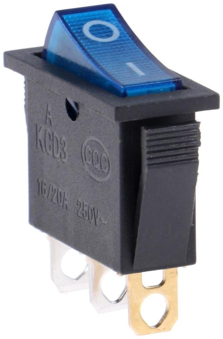 Клавишный выключатель, 250 В, 15 А, ON-OFF, 3с, синий, с подсветкой, наб 10 ш.
