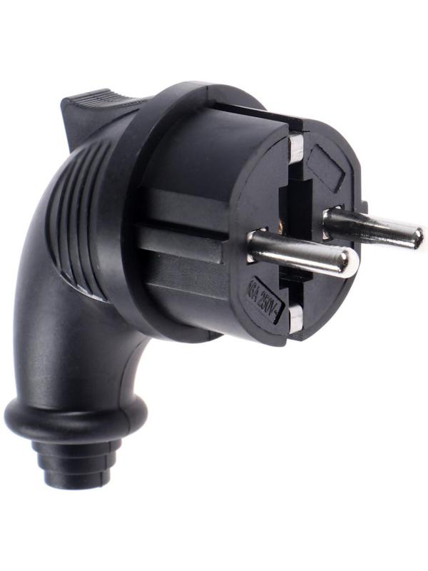 Вилка угловая, 16 A, 220 В, IP44, с з/к, каучук, черная