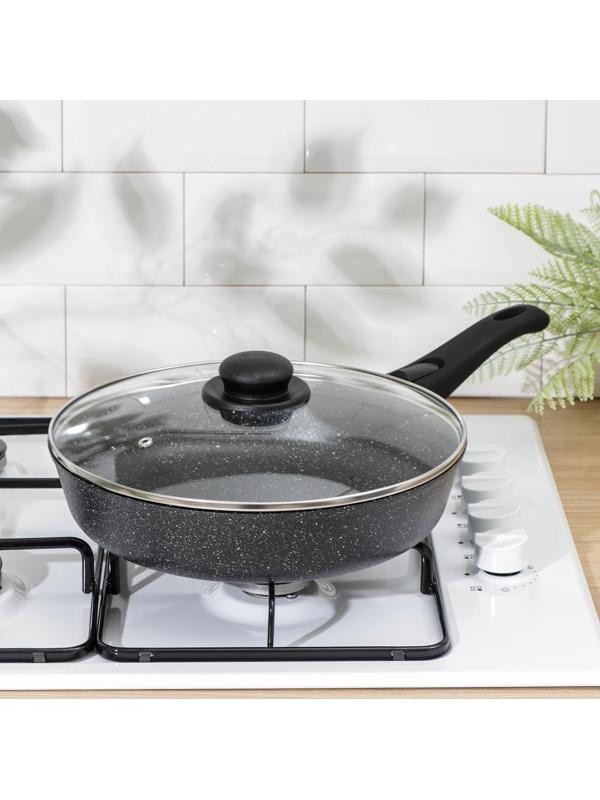 Сковорода Доляна «Элит», d=28 см, антипригарное покрытие, пластиковая ручка, стеклянная крышка, цвет чёрный