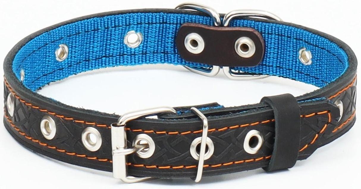 Ошейник кожаный усиленный капроном с полукольцом, 55 х 2,5 см, ОШ 27-53 см, чёрный