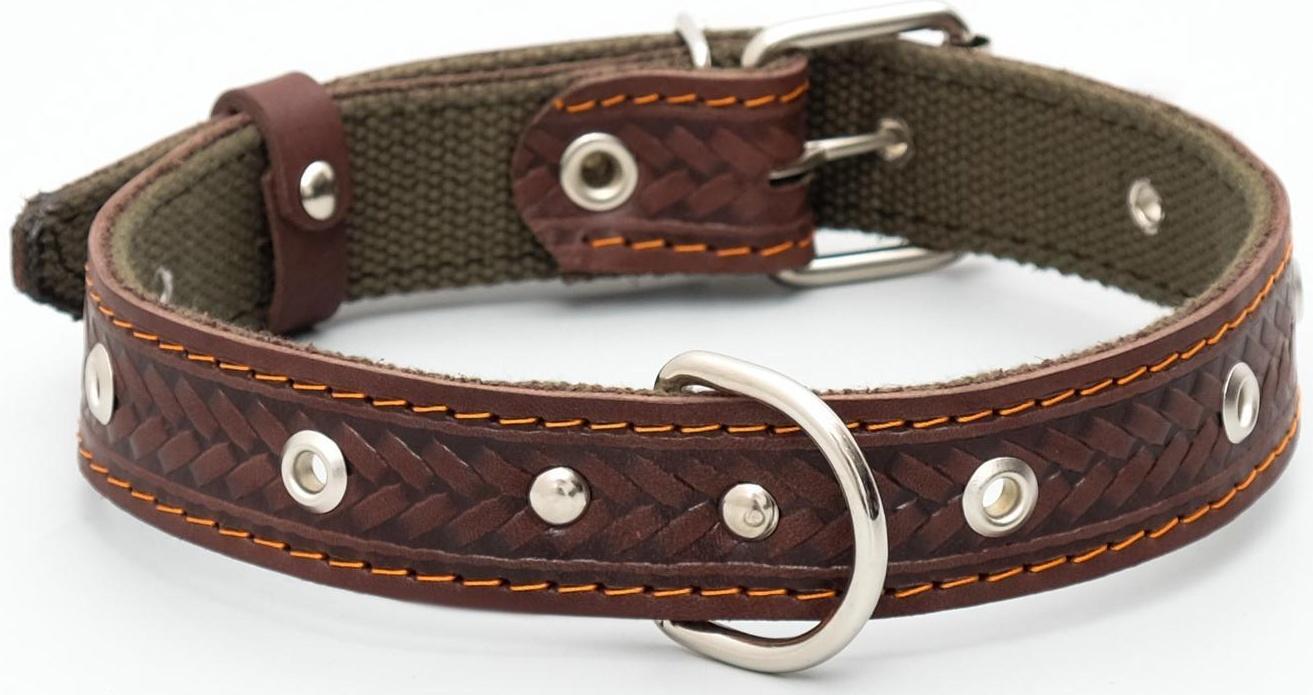 Ошейник комбинированный безразмерный, кожа/брезент, 60х3 см, ОШ 30-57 см, коричневый/зелёный