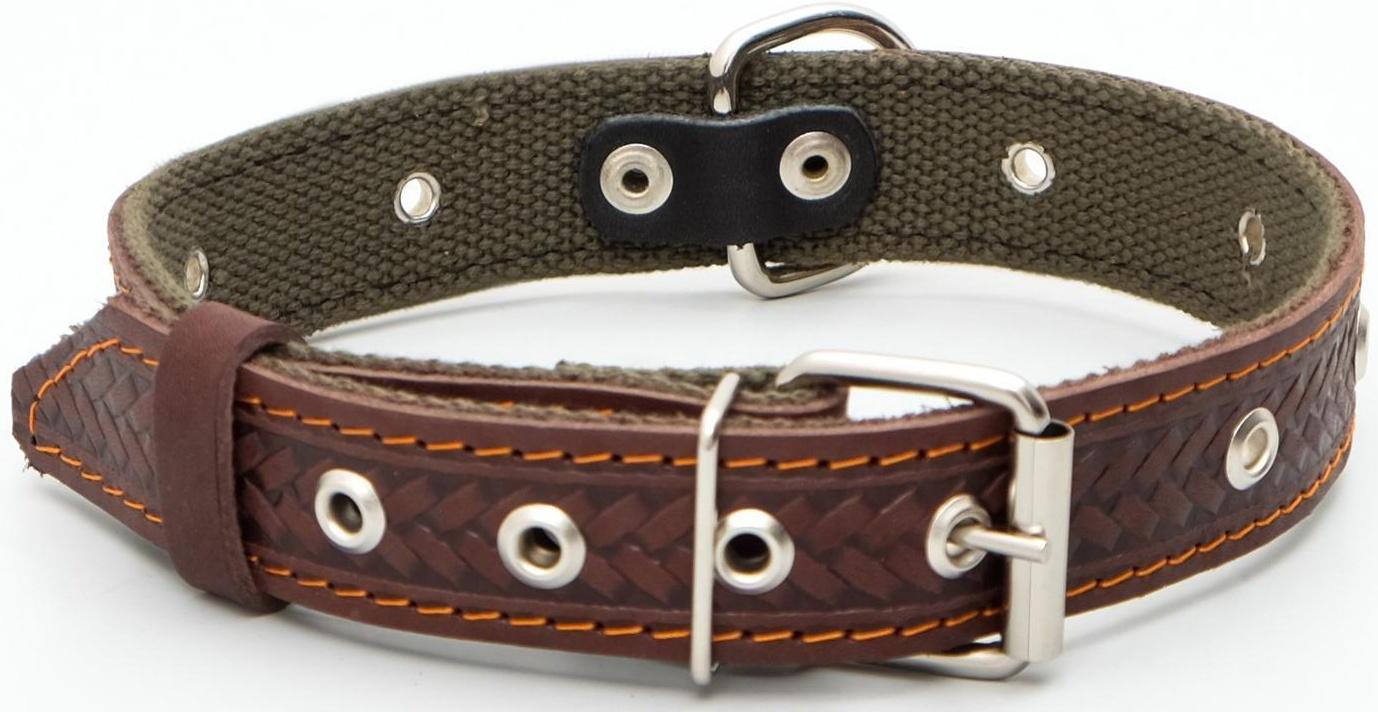 Ошейник комбинированный безразмерный, кожа/брезент, 60х3 см, ОШ 30-57 см, коричневый/зелёный
