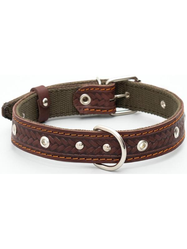 Ошейник комбинированный безразмерный, кожа/брезент, 60х3 см, ОШ 30-57 см, коричневый/зелёный