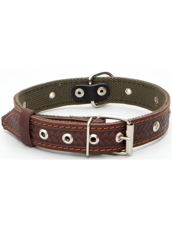 Ошейник комбинированный безразмерный, кожа/брезент, 60х3 см, ОШ 30-57 см, коричневый/зелёный