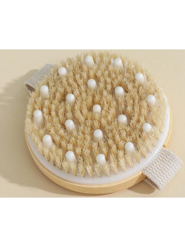 Щётка массажная для тела Доляна, с ремешком, 10×10×3,4 см, натуральная щетина