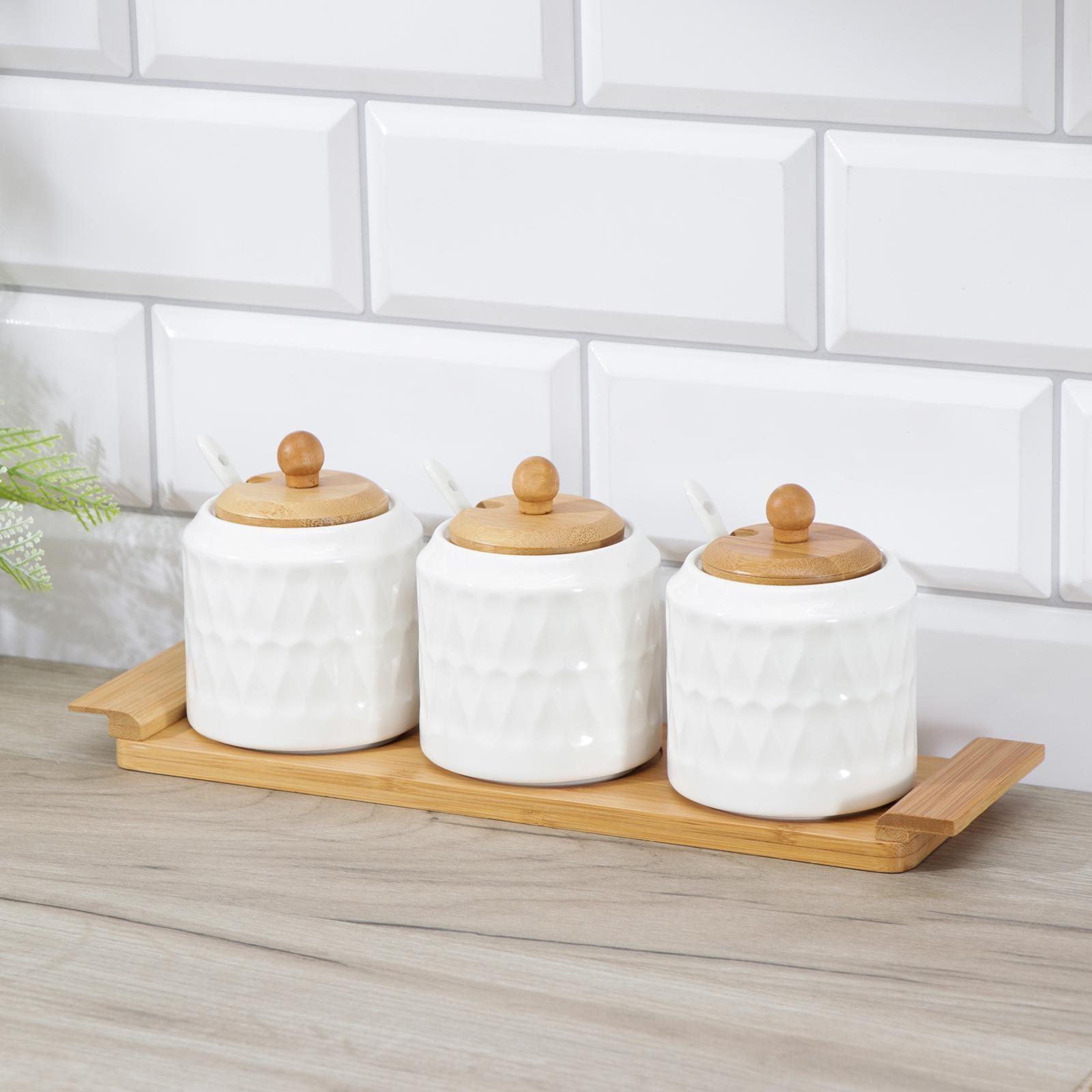 Набор банок керамический для сыпучих продуктов Доляна «Эстет. Герда. Тюльпан», 3 предмета на деревянной подставке
