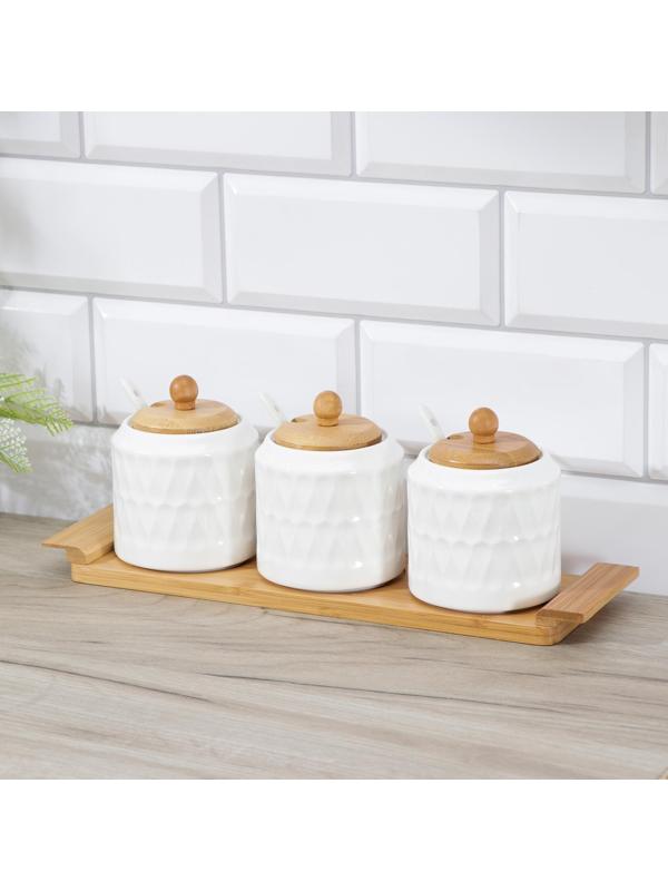 Набор банок керамический для сыпучих продуктов Доляна «Эстет. Герда. Тюльпан», 3 предмета на деревянной подставке