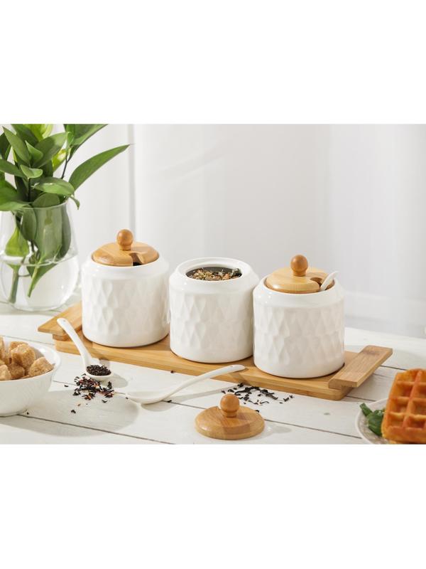 Набор банок керамический для сыпучих продуктов Доляна «Эстет. Герда. Тюльпан», 3 предмета на деревянной подставке