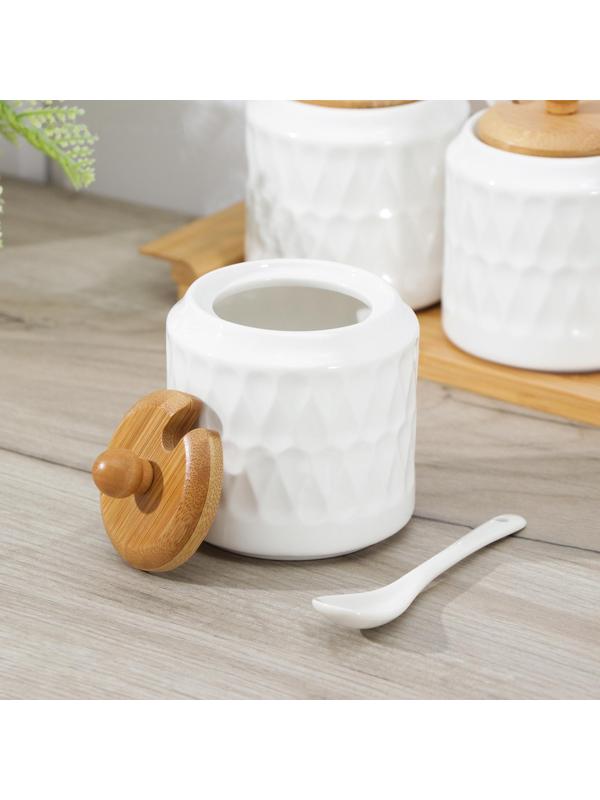 Набор банок керамический для сыпучих продуктов Доляна «Эстет. Герда. Тюльпан», 3 предмета на деревянной подставке