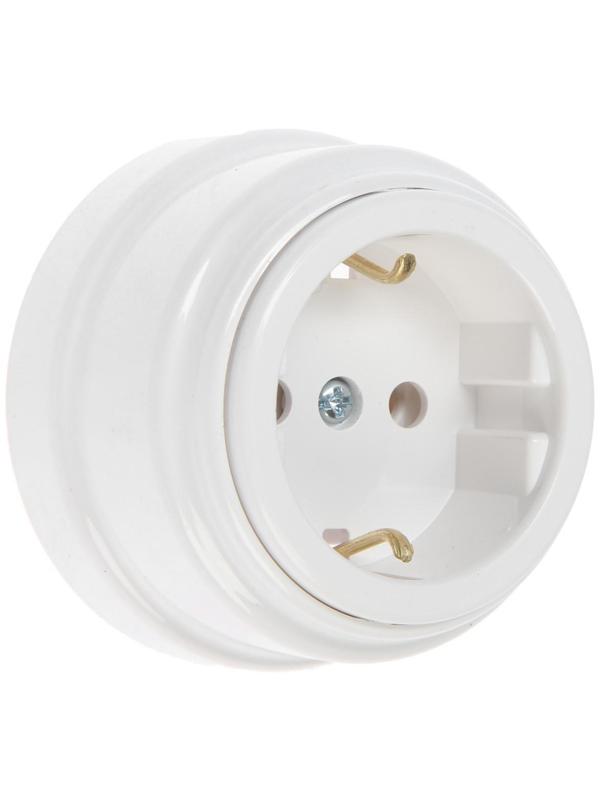 Розетка BYLECTRICA Ретро РА16-0202, 16А, одномест., наруж., с з/к, без крышки, IP20, белая