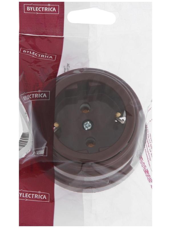 Розетка BYLECTRICA Ретро РА16-0202, 16А, одномест., наруж., с з/к, без крышки, IP20, корич.