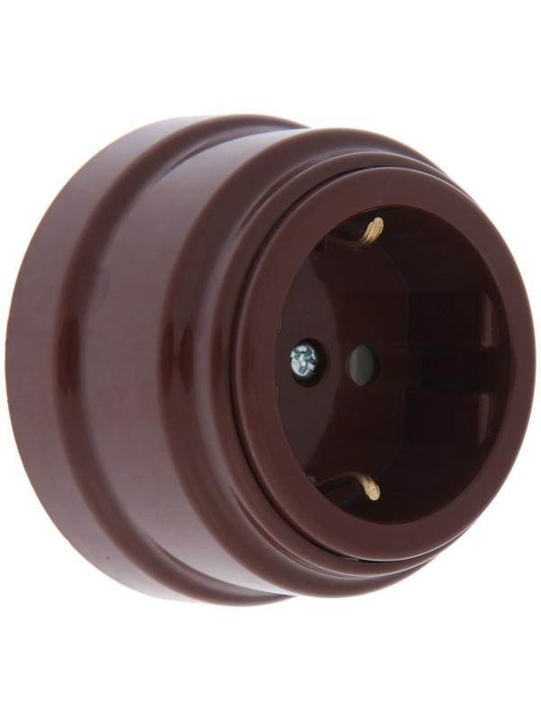 Розетка BYLECTRICA Ретро РА16-0202, 16А, одномест., наруж., с з/к, без крышки, IP20, корич.