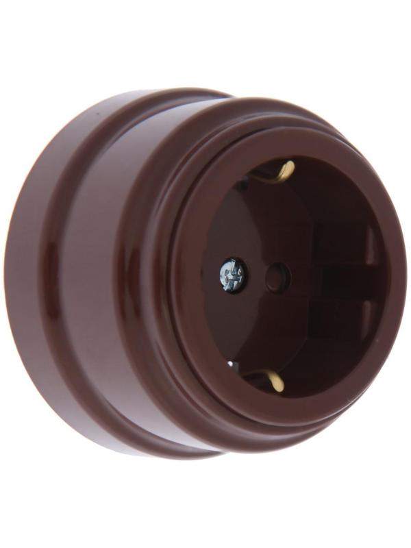 Розетка BYLECTRICA Ретро РА16-0206, 16А, одномест., наруж., с з/к, со штор., IP20, корич.