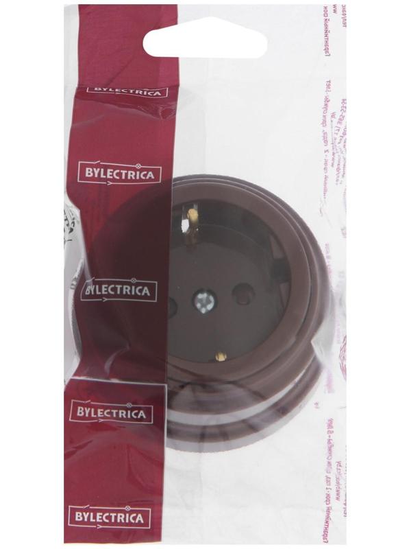 Розетка BYLECTRICA Ретро РА16-0206, 16А, одномест., наруж., с з/к, со штор., IP20, корич.