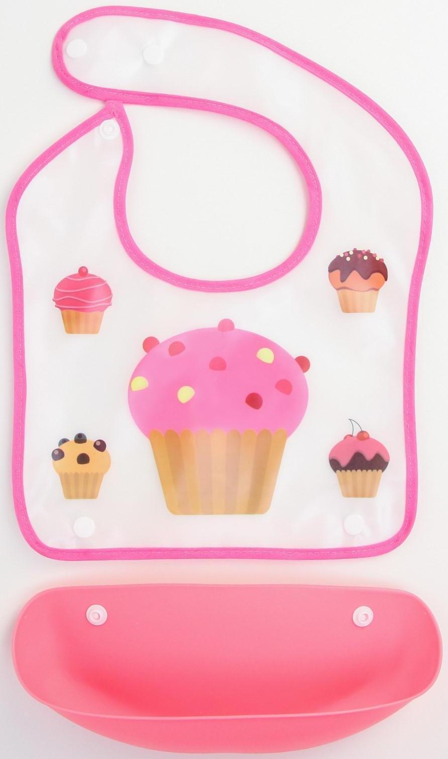 Нагрудник для кормления «Пирожное» непромокаемый на кнопке, с супер-карманом