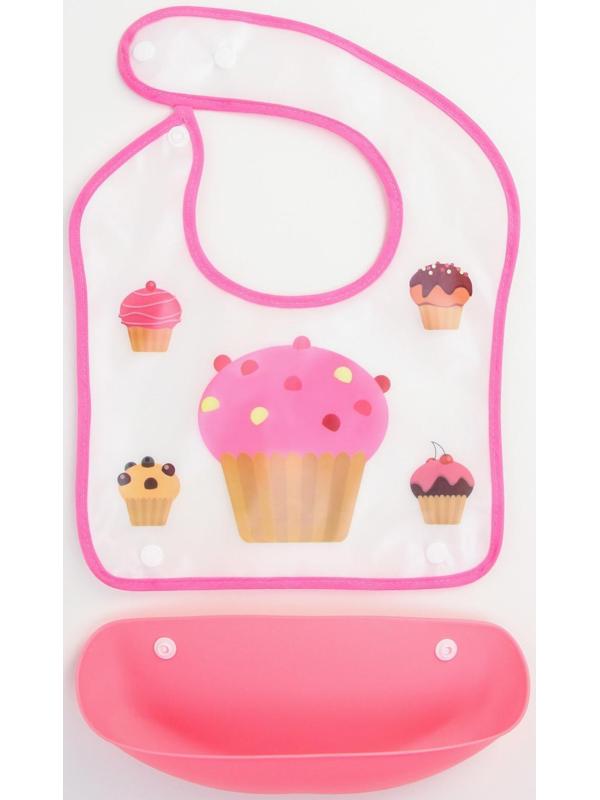 Нагрудник для кормления «Пирожное» непромокаемый на кнопке, с супер-карманом
