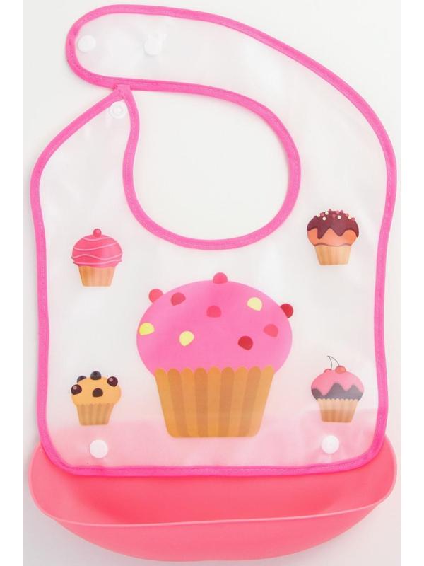Нагрудник для кормления «Пирожное» непромокаемый на кнопке, с супер-карманом