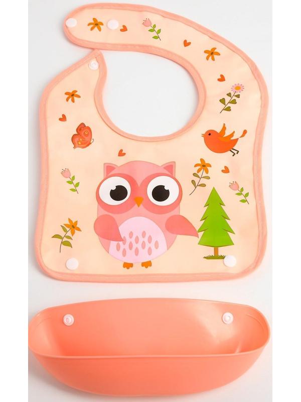 Нагрудник для кормления «Совушка» непромокаемый на кнопке, с супер-карманом