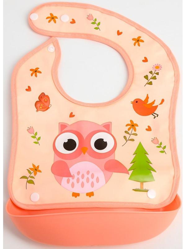 Нагрудник для кормления «Совушка» непромокаемый на кнопке, с супер-карманом