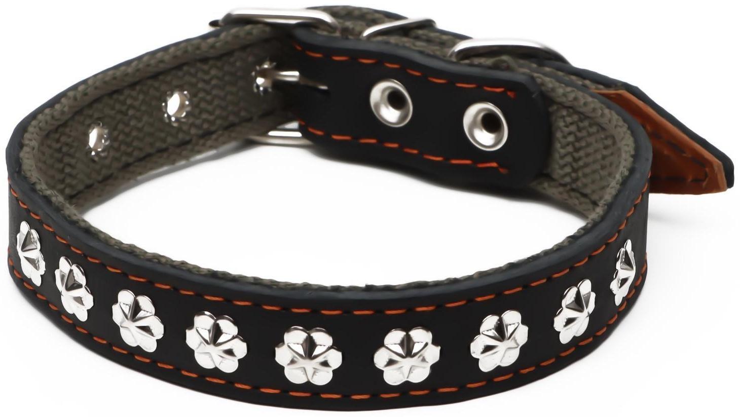 Ошейник комбинированный кожа/брезент, 54 х 2,5 см, украшенный, ОШ 35-45 см, черный