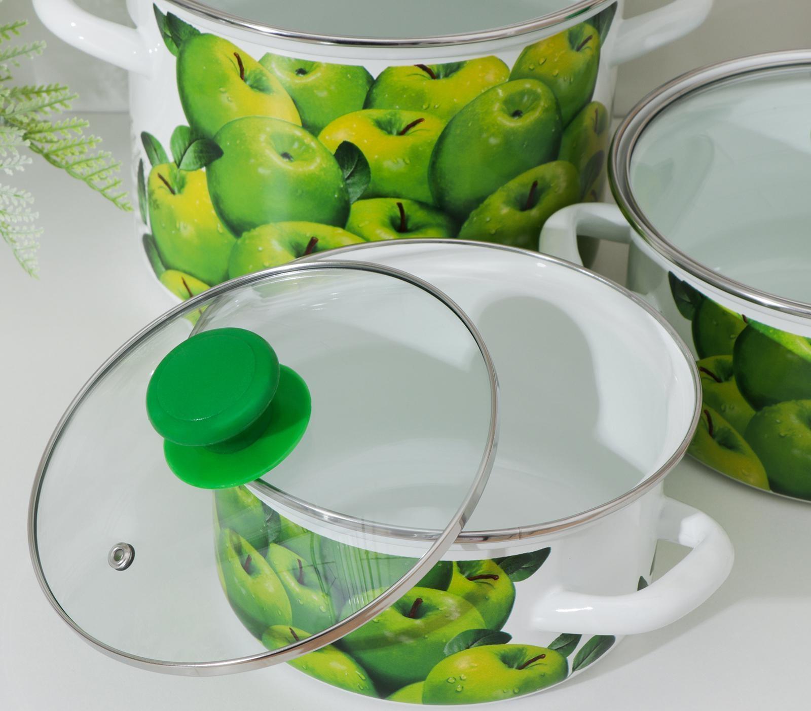 Набор кастрюль «Поздние яблоки», 3 предмета: 1,5 л, 2,3 л, 5 л, крышки, индукция, цвет зелёный