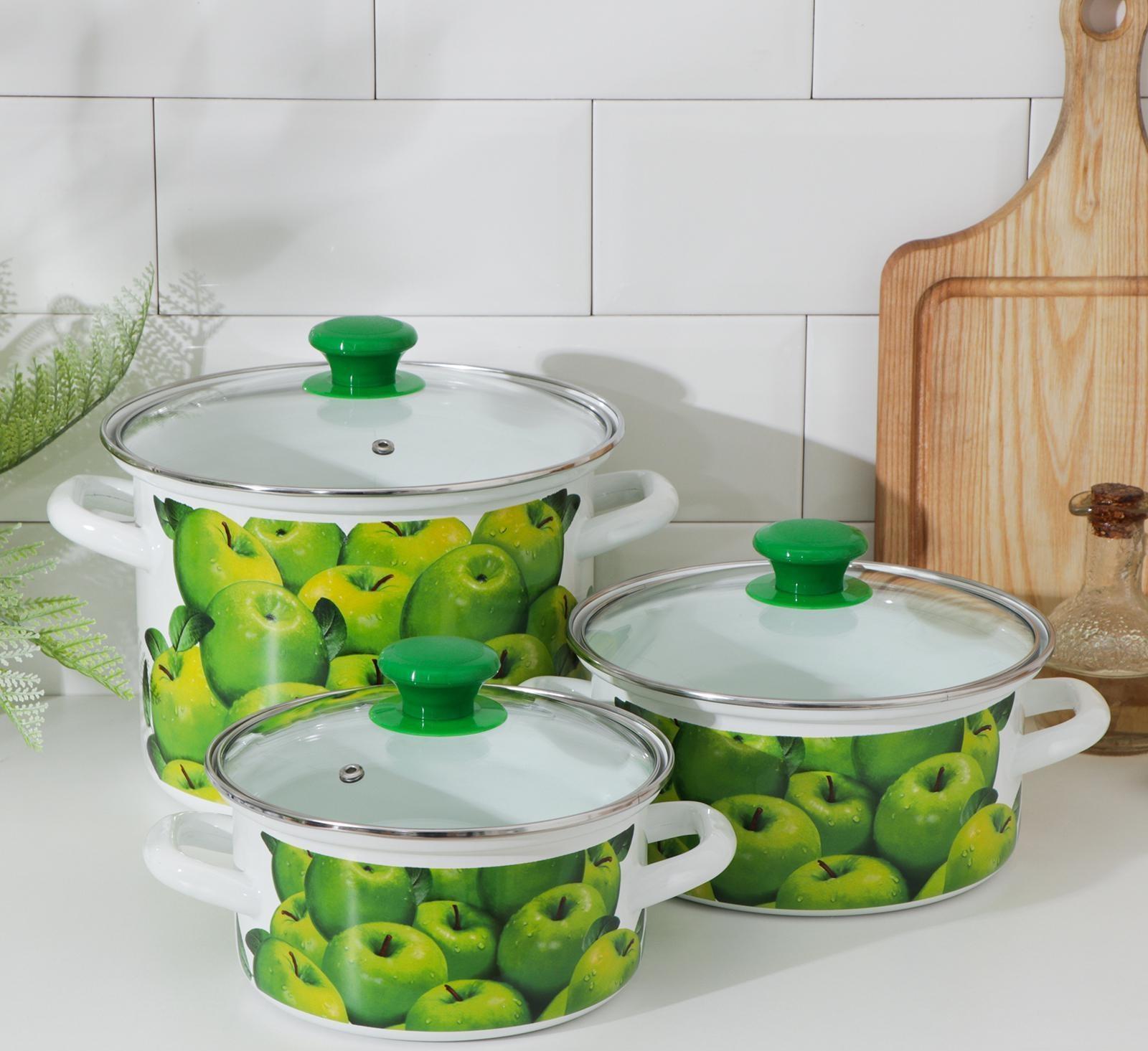 Набор кастрюль «Поздние яблоки», 3 предмета: 1,5 л, 2,3 л, 5 л, крышки, индукция, цвет зелёный