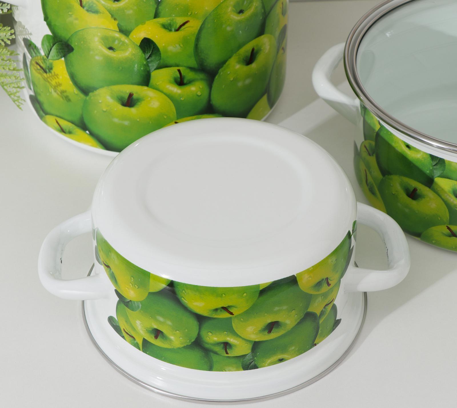 Набор кастрюль «Поздние яблоки», 3 предмета: 1,5 л, 2,3 л, 5 л, крышки, индукция, цвет зелёный