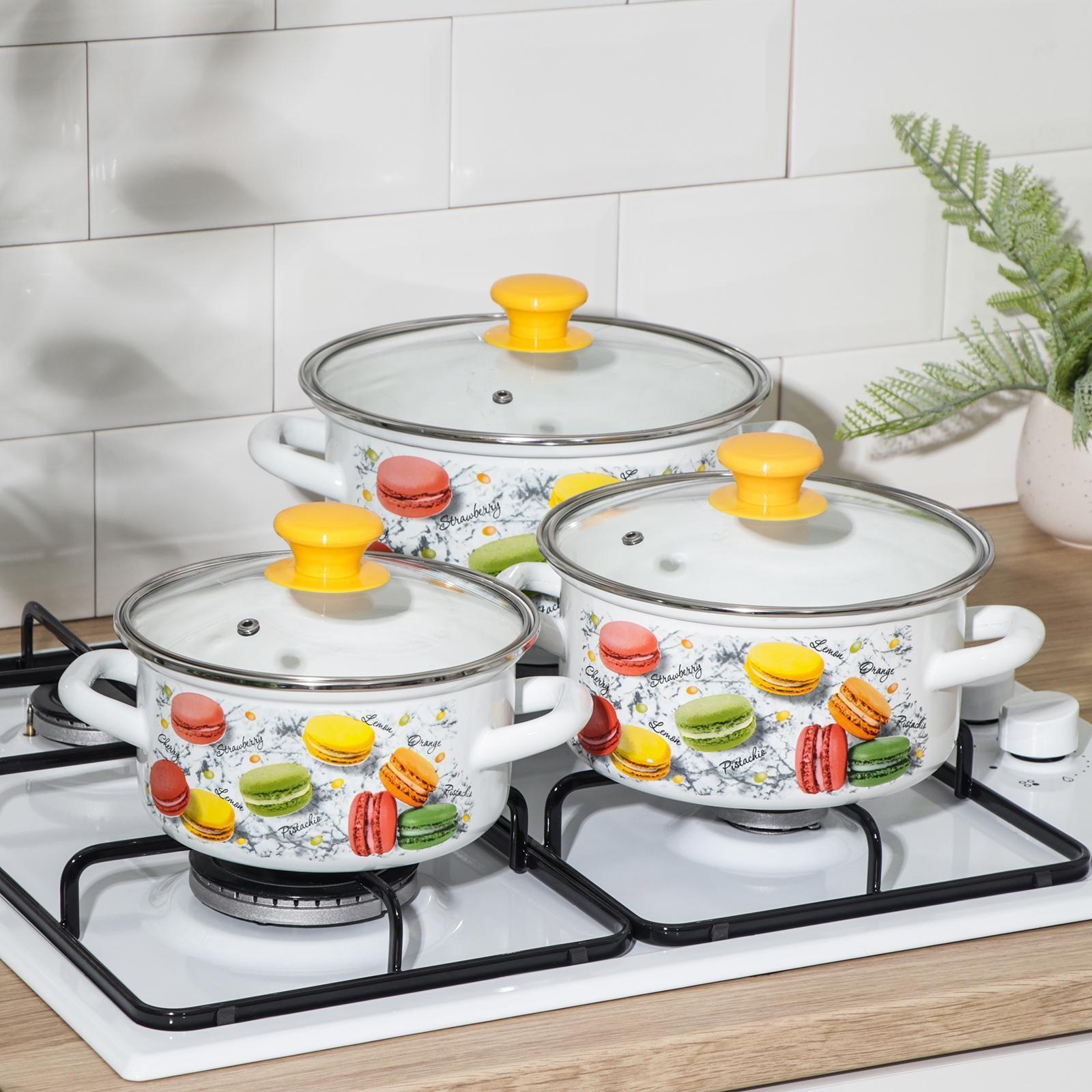 Набор кастрюль «Цветное печенье», 3 предмета: 1,5 л, 2 л, 3 л, крышки, индукция, цвет белый