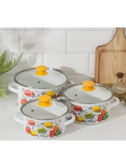 Набор кастрюль «Цветное печенье», 3 предмета: 1,5 л, 2 л, 3 л, крышки, индукция, цвет белый