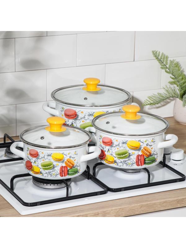 Набор кастрюль «Цветное печенье», 3 предмета: 1,5 л, 2 л, 3 л, крышки, индукция, цвет белый