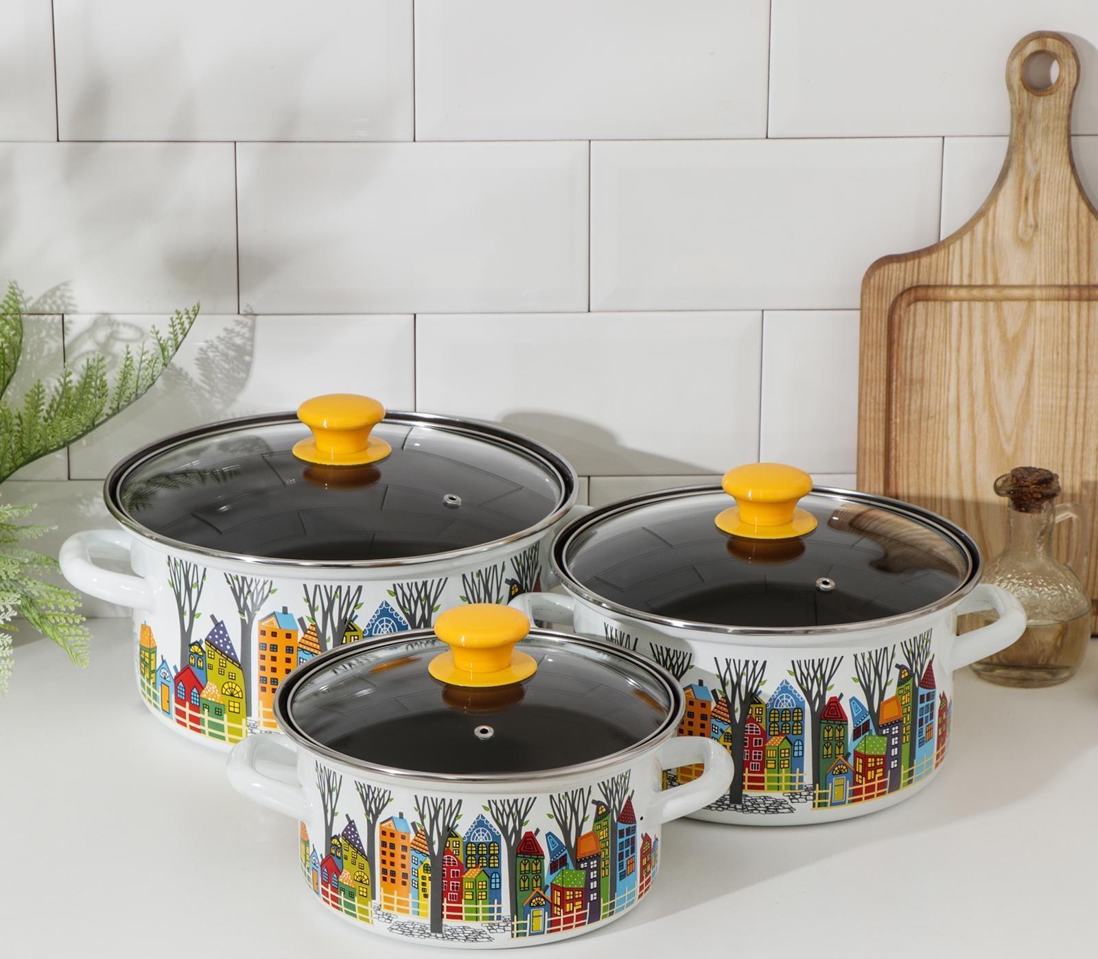 Набор посуды «Домики-1-Экстра», 3 предмета: 2,3 л, 3 л, 4 л, крышки, индукция