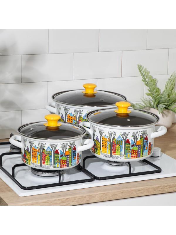 Набор посуды «Домики-1-Экстра», 3 предмета: 2,3 л, 3 л, 4 л, крышки, индукция