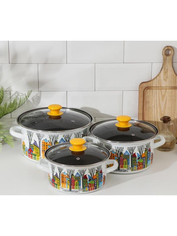 Набор посуды «Домики-1-Экстра», 3 предмета: 2,3 л, 3 л, 4 л, крышки, индукция