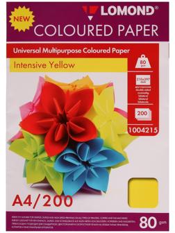 Бумага цветная А4, 200 листов LOMOND интенсив, жёлтая, блок 80 г/м² (1004215)
