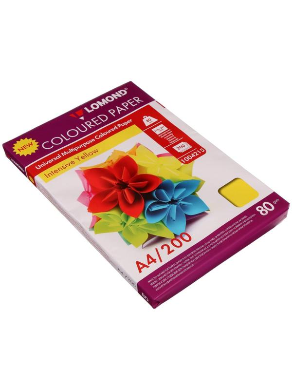 Бумага цветная А4, 200 листов LOMOND интенсив, жёлтая, блок 80 г/м² (1004215)