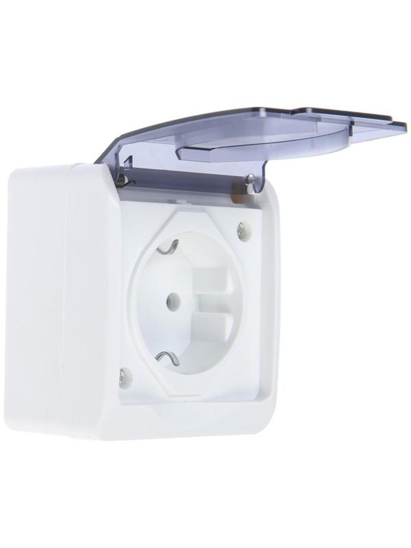 Розетка одноместная, 16 А, накладная, с з/к, IP 44, уличная, белая