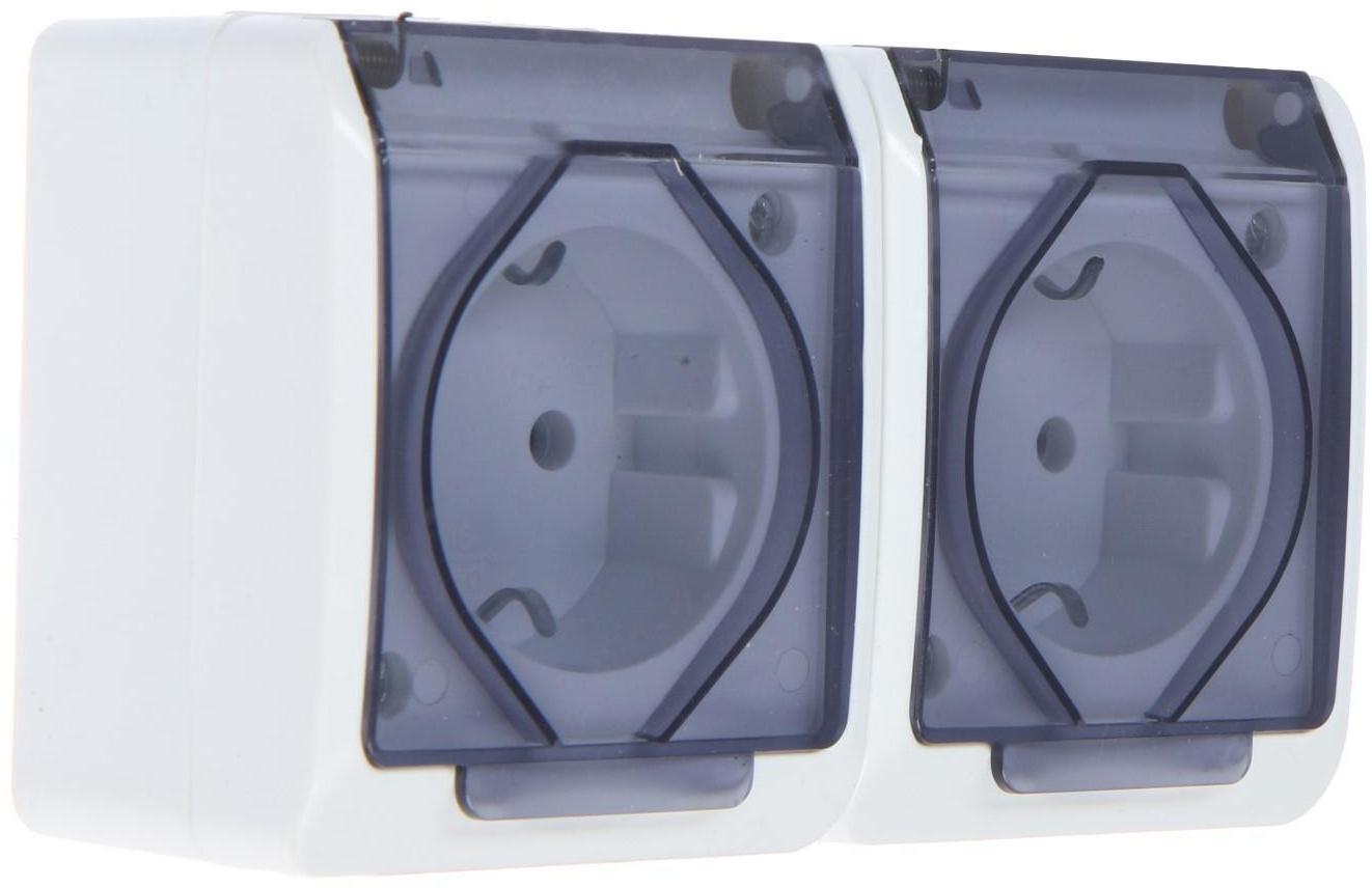Розетка двухместная, 16 А, накладная, с з/к, IP44, уличная, белая