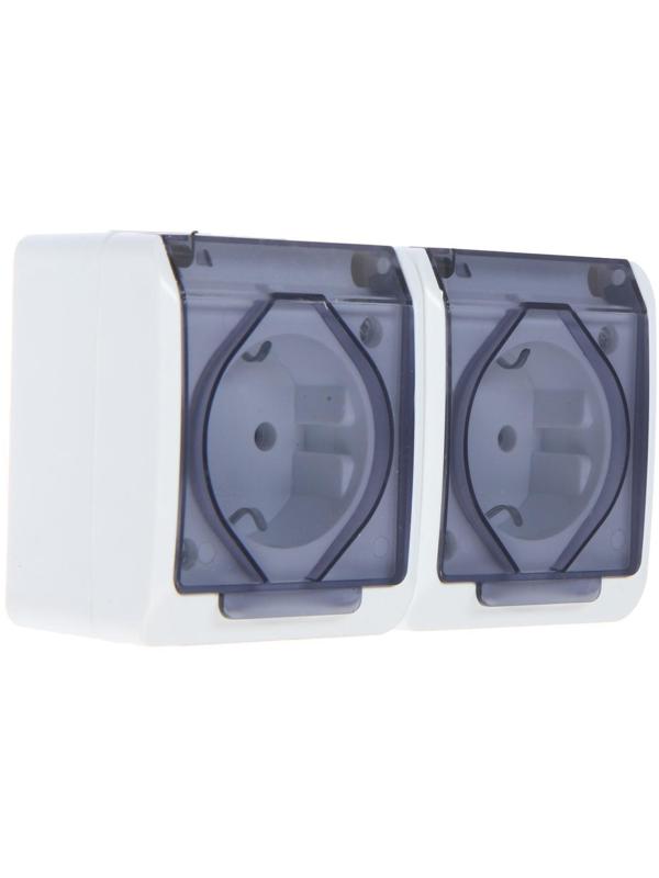 Розетка двухместная, 16 А, накладная, с з/к, IP44, уличная, белая