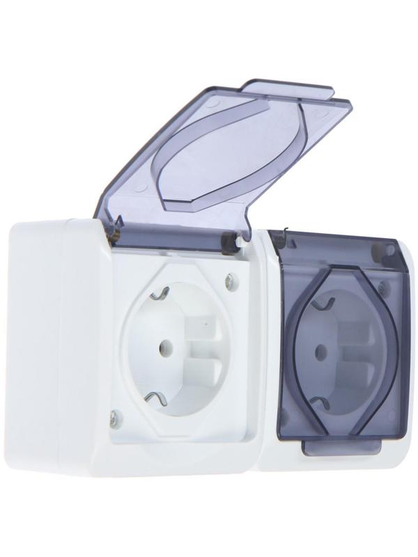 Розетка двухместная, 16 А, накладная, с з/к, IP44, уличная, белая