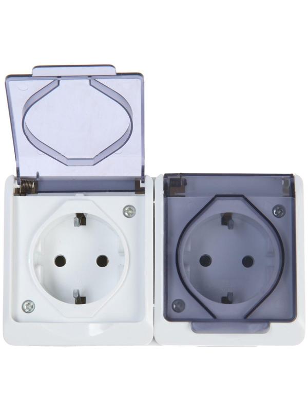Розетка двухместная, 16 А, накладная, с з/к, IP44, уличная, белая