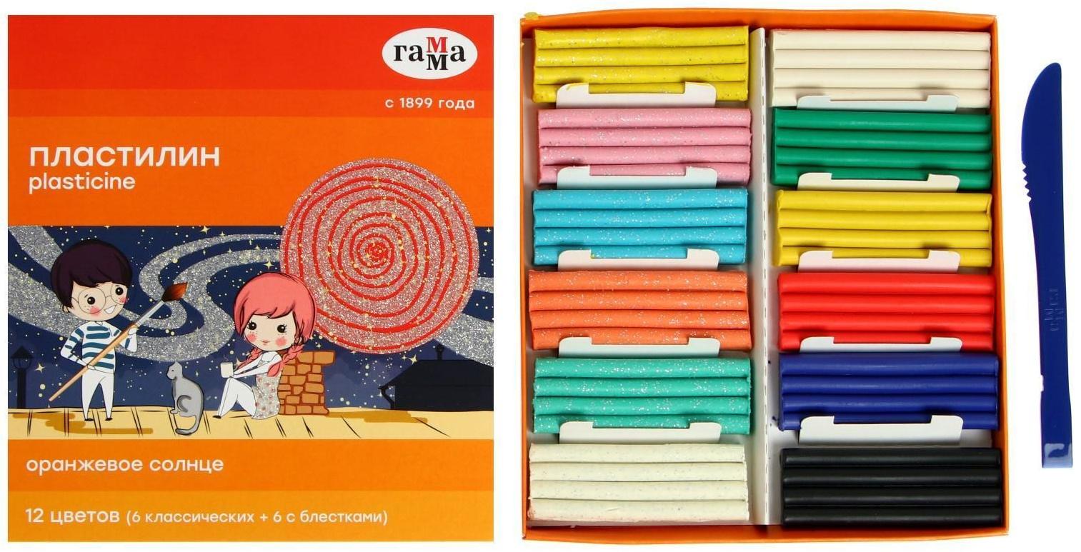 Пластилин 12 цветов 168 г (6 классических, 6 с блёстками) 