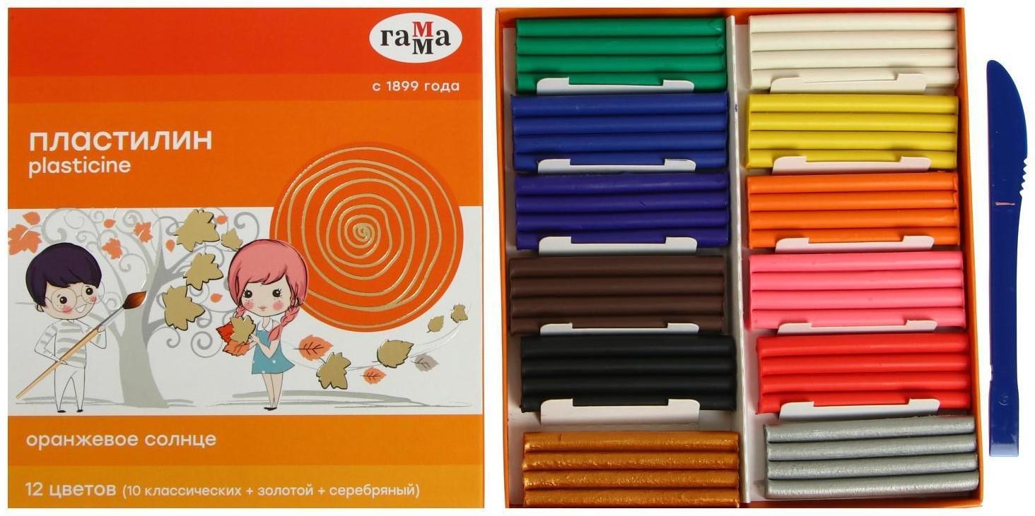 Пластилин 12 цветов 172 г (10 классических, золото + серебро) 
