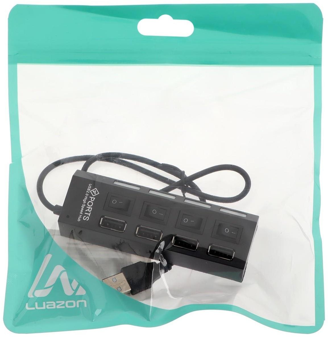 USB-разветвитель LuazON, 4 порта с индивидуальными выключателями, черный