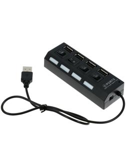 USB-разветвитель LuazON, 4 порта с индивидуальными выключателями, черный