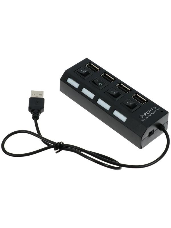 USB-разветвитель LuazON, 4 порта с индивидуальными выключателями, черный