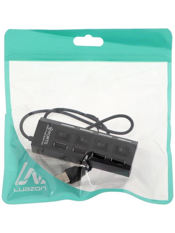 USB-разветвитель LuazON, 4 порта с индивидуальными выключателями, черный