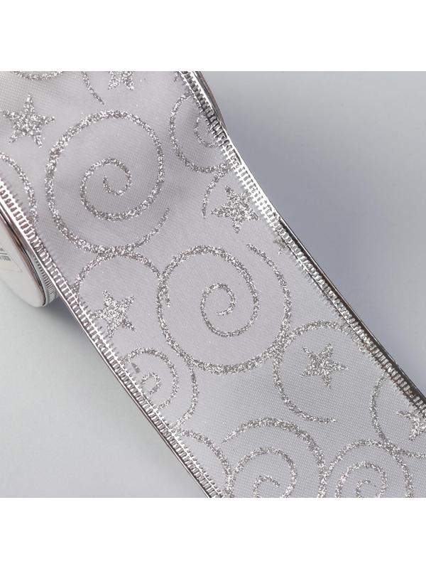 Лента атласная с металлической нитью «Узоры со звездой», 60 мм, 9 ± 0,5 м, цвет белый/серебряный