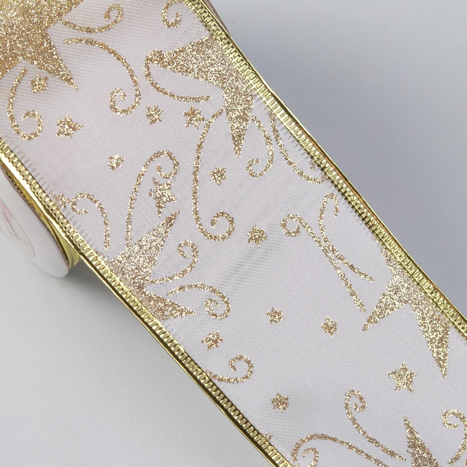 Лента атласная с металлической нитью «Узоры со звездой», 60 мм, 9 ± 0,5 м, цвет белый/золотой